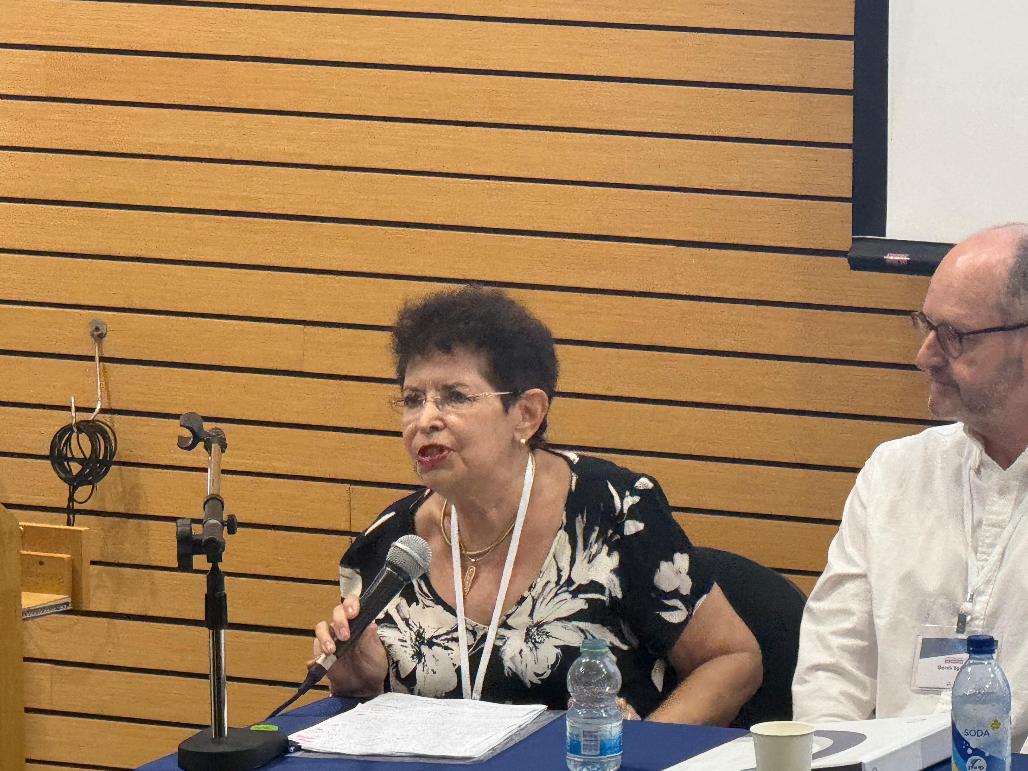 Dina Porat, professor emerita of modern Jewish history at Tel Aviv University, addresses the "Contemporary Antisemitism 2026" conference in Haifa, July 7, 2026. Photo by James Spiro.