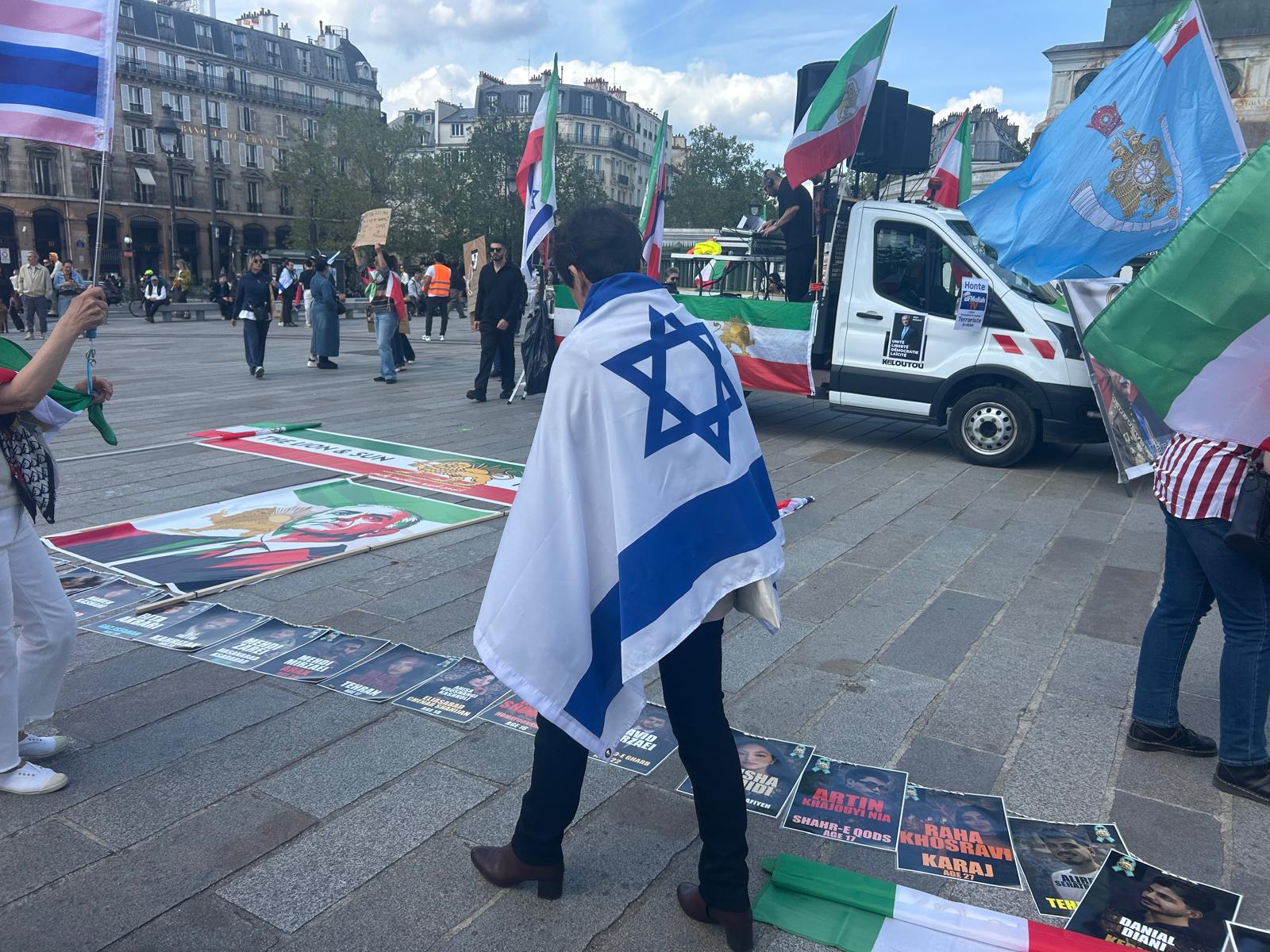 Sylvie Roux-Sicsic at the protest in solidarity with the Iranian people at Place de la Bastille in Paris, April 19, 2026. Photo by Amelie Botbol.