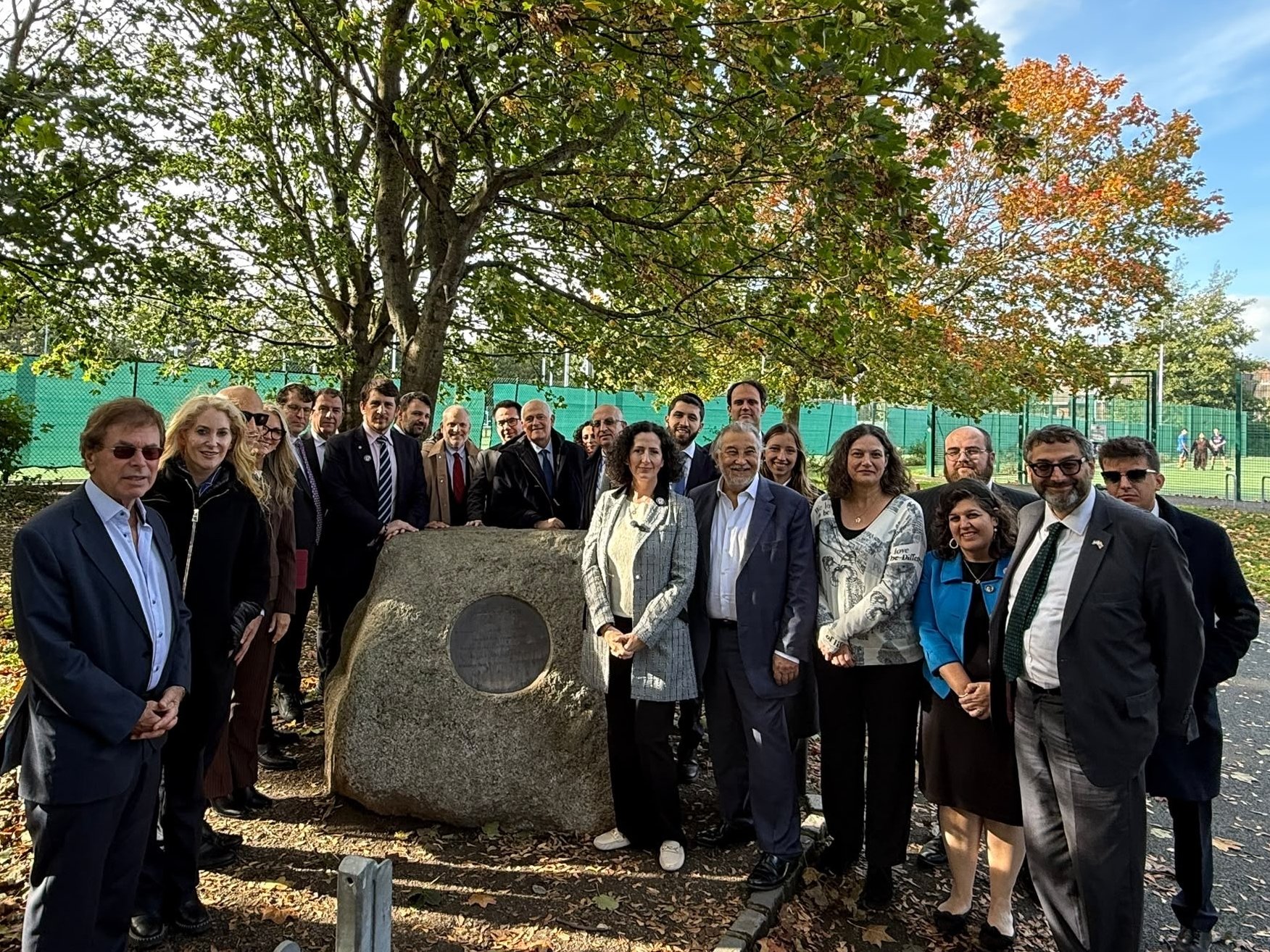 Members of the J7 Large Communities’ Task Force Against Antisemitism gather at Herzog Park in Dublin in solidarity with Ireland’s Jewish community, Oct. 13, 2026. Credit: Courtesy of ADL.