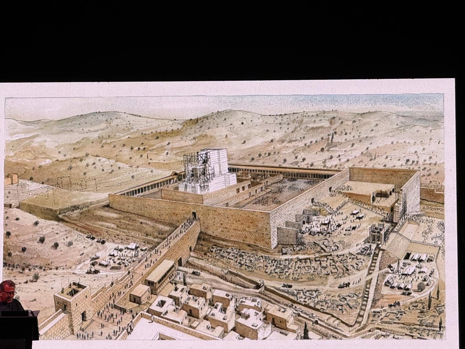A reconstruction showing the possible layout of roads leading toward the Temple Mount in ancient Jerusalem, presented by Eyal Meron, MC of the City of David Conference, Sept. 3, 2026. Photo by Eve Harrow.