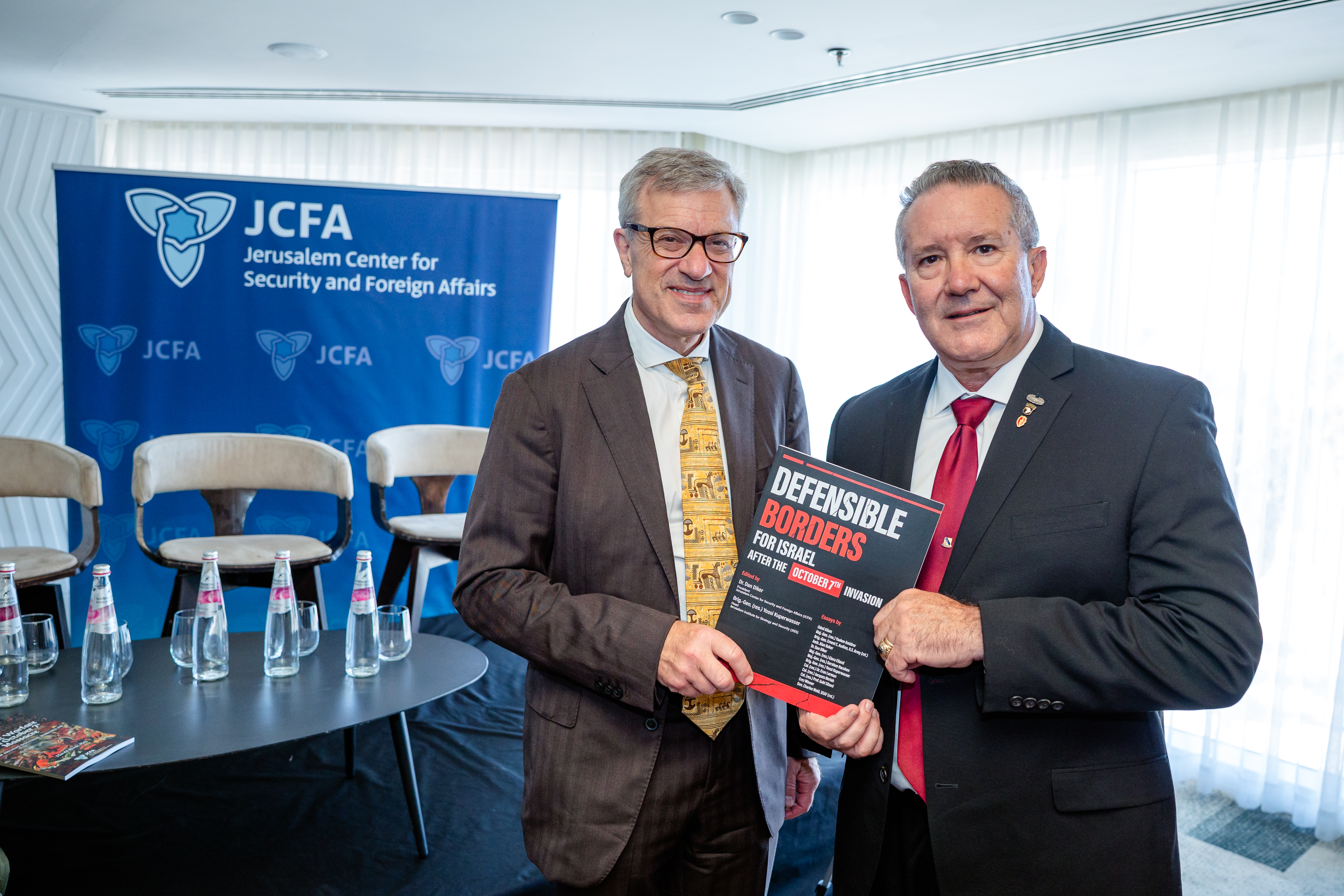 JCFA President Dan Diker (left) with U.S. Brig. Gen. (ret.) Ernest Audino, Tel Aviv, Oct. 13, 2026. Photo by Ingrid Muller/JCFA.