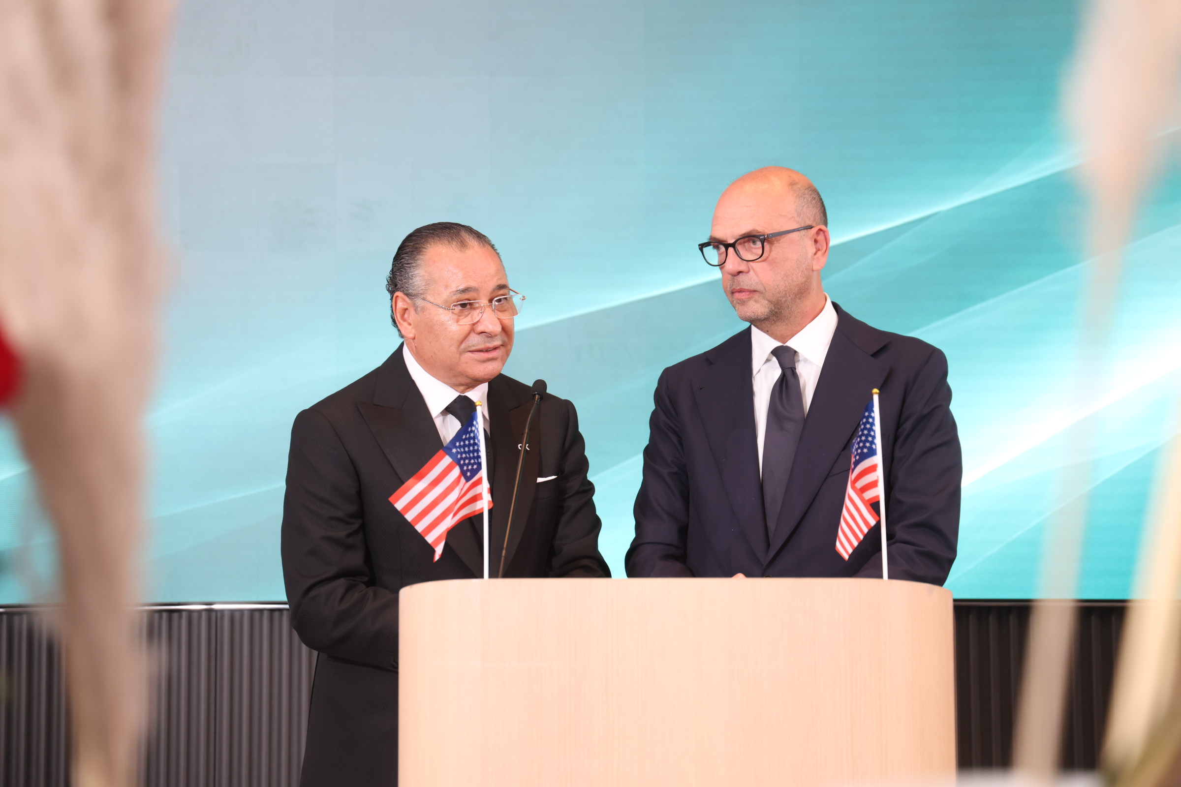 Kamel Ghribi, chairman of the Project Legacy Presidential Roundtable Gala & Dinner, and former Italian Foreign Minister Angelino Alfano address attendees at the event in New York on Sept. 24, 2026, during the 81st session of the United Nations General Assembly. Photo Credit: Lenchevsky Images.