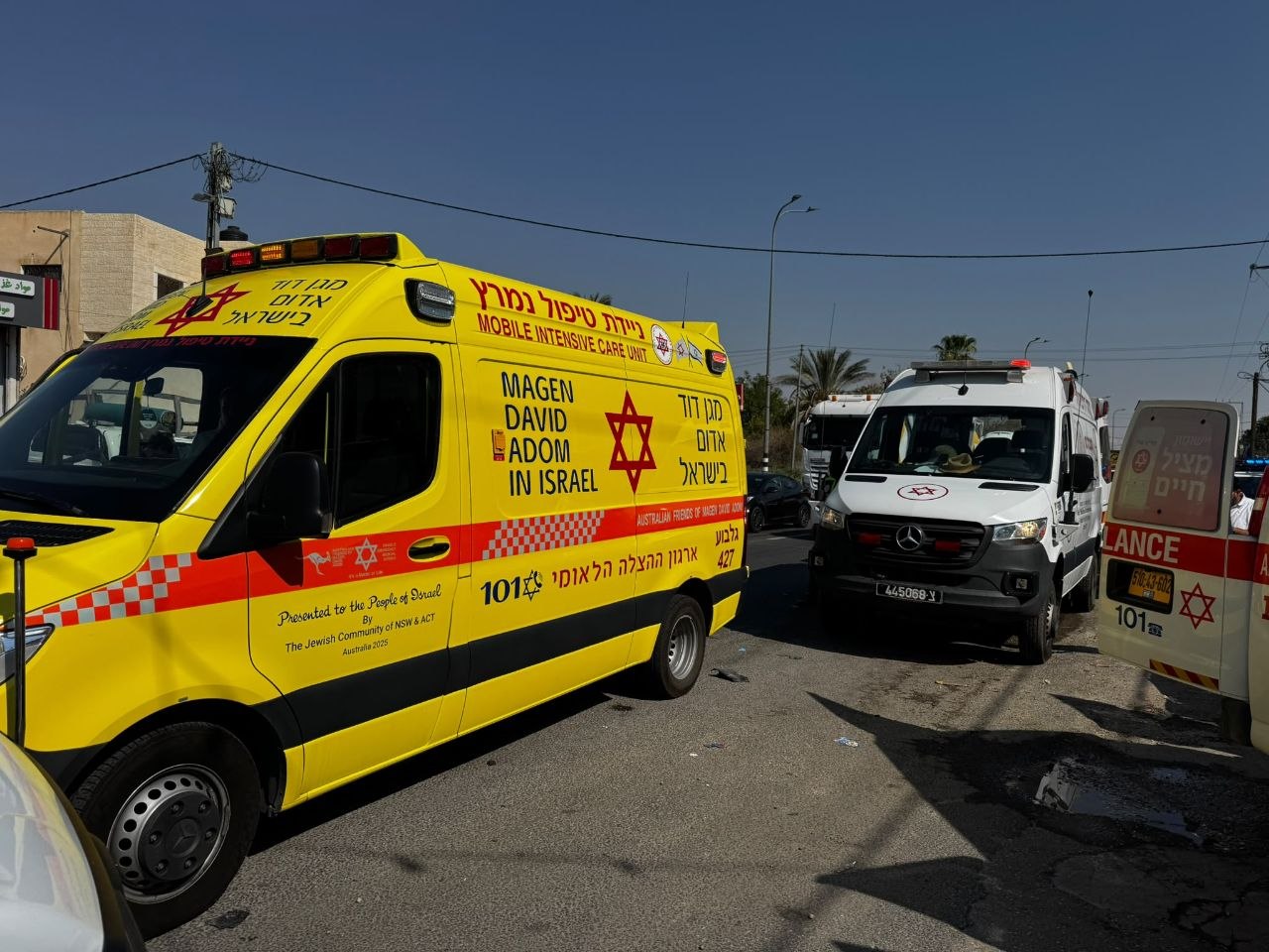 Magen David Adom emergency vehicles arrive at the scene of a stabbing attack near the village of Al-Auja in the Jordan Valley, Aug. 23, 2026. Credit: Magen David Adom.
