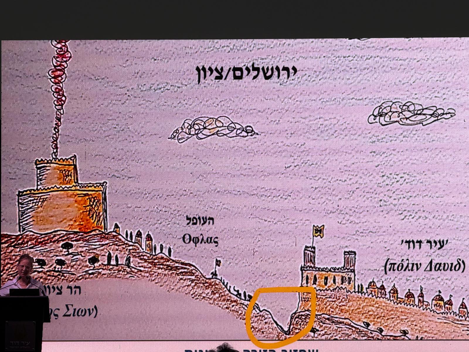 A sketch showing the Temple and the possible location of the Seleucid Acra fortress below it in ancient Jerusalem, presented at the City of David Conference, Sept. 3, 2026. Photo by Eve Harrow.