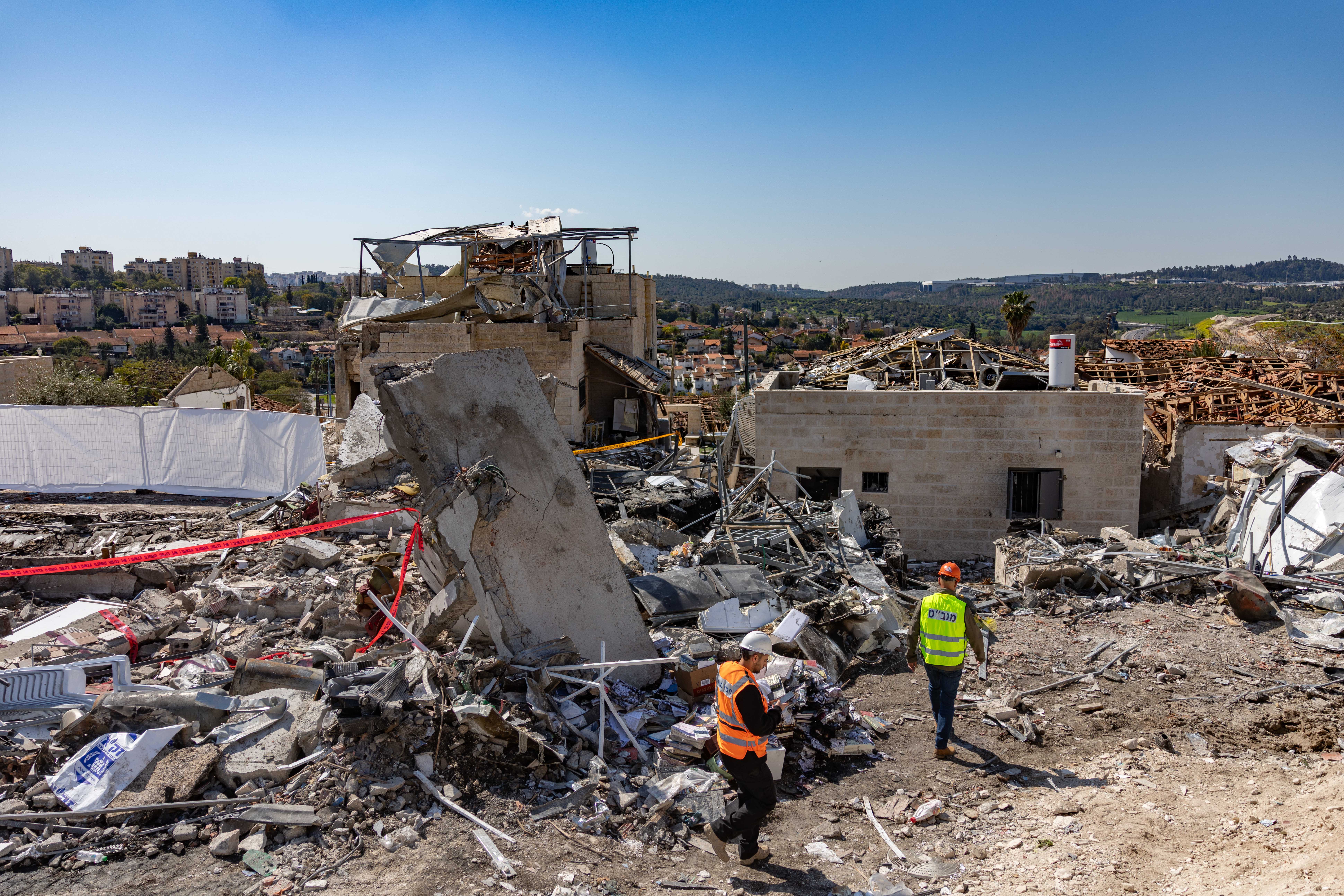 The scene of an Iranian ballistic missile strike in Beit Shemesh, central Israel. The impact caused extensive destruction and killed nine people, March 2, 2026. Photo by Yonatan Sindel/Flash90.