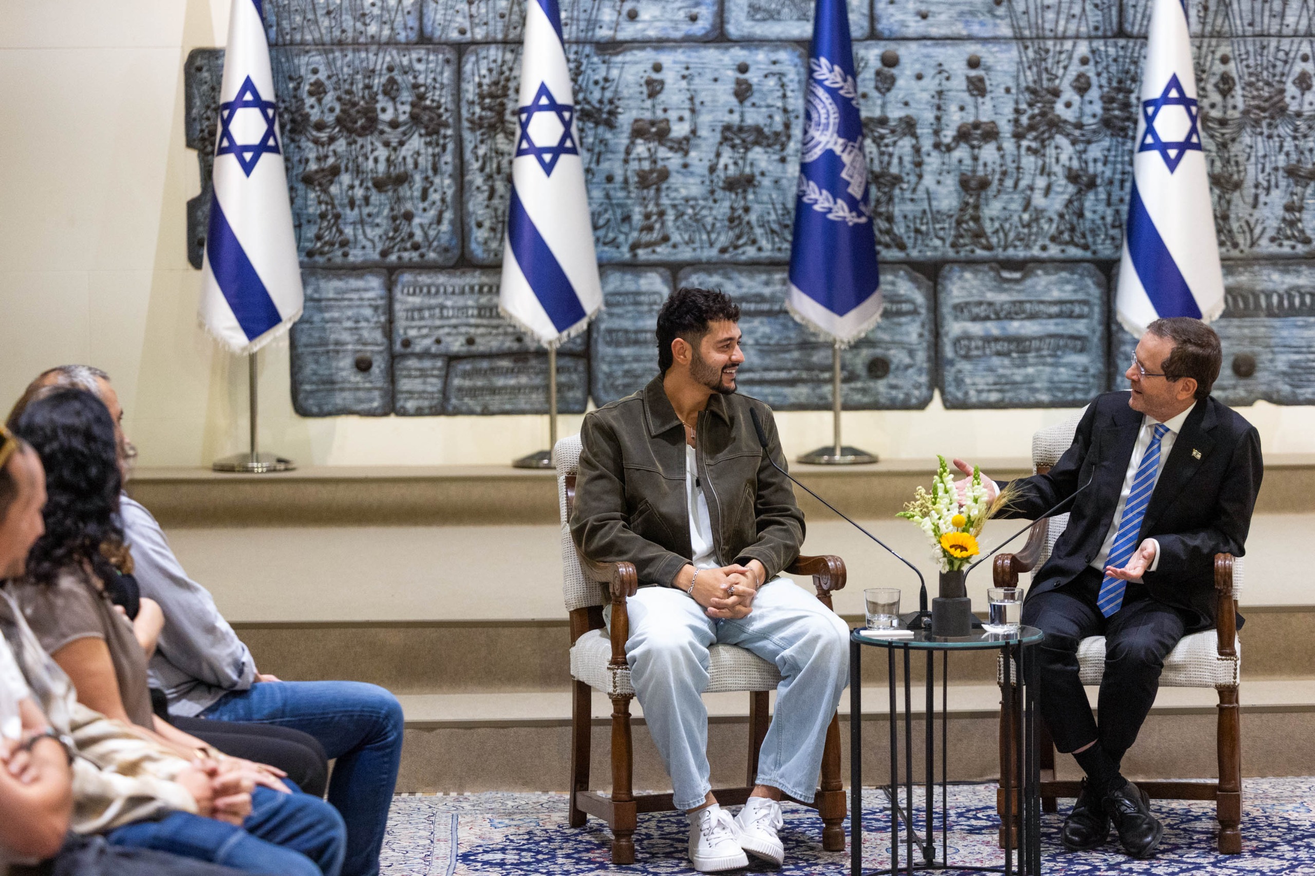 Israeli President Isaac Herzog speaks with Noam Bettan during a reception at the President’s Residence in Jerusalem, May 18, 2026. Photo by Kobi Gideon/GPO.