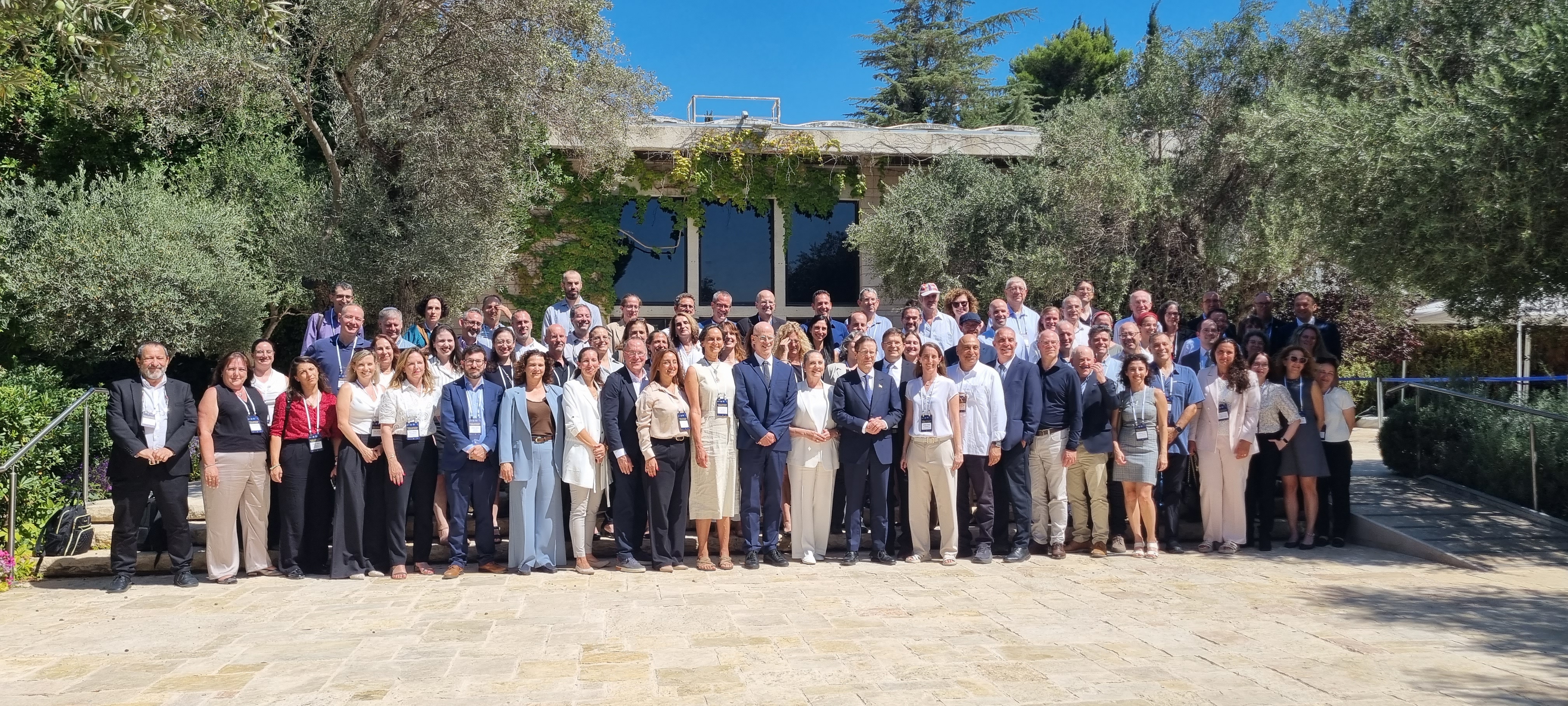 Israeli President Isaac Herzog, center, with researchers, innovators and officials attending the Horizon Europe Award Ceremony at the President’s Residence in Jerusalem on Sept. 8, 2026. Photo by Sharon Altshul.