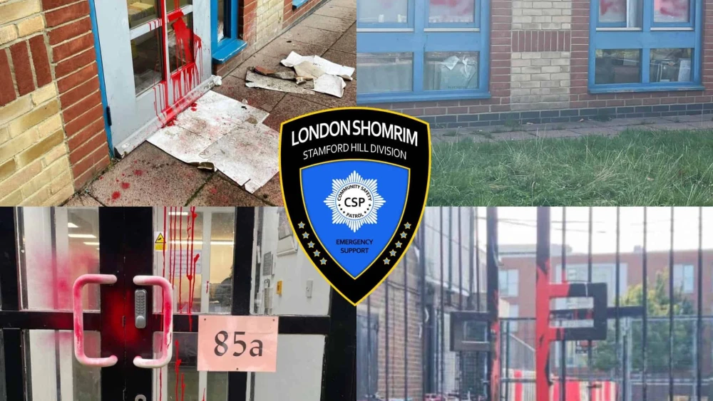 Jewish schools in North London were vandalized with red paint as part of a spate of antisemitism in the wake of the Hamas terror attacks in Israel, Oct. 16, 2023. Source: Shomrim (Stanford Hill).