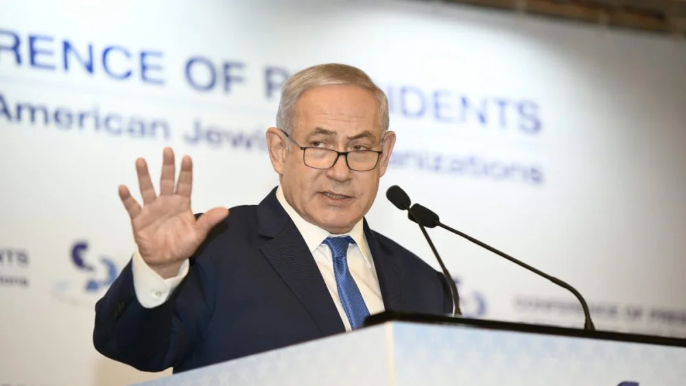 Israeli Prime Minister Benjamin Netanyahu addresses the Conference of Presidents summit in Jerusalem, Israel on Feb. 20, 2019. Credit: Conference of Presidents via Twitter.