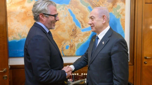 Israeli Prime Minister Benjamin Netanyahu met with Casey Wasserman, the chairman of the Organizing Committee for the 2028 Los Angeles Olympic Games, in Jerusalem on Dec. 11, 2025. Photo by Maayan Toaf/ GPO.