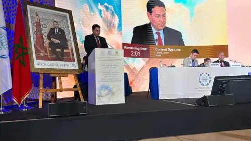 Knesset member Danny Danon addresses the Parliamentary Conference on Interfaith Dialogue in Marrakesh, June 2023. Credit: Courtesy.