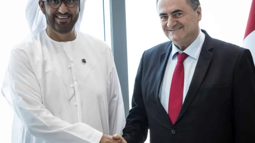 Energy Minister Israel Katz (l) meets UAE Minister of Industry and Advanced Technology Sultan Al Jaber in Abu Dhabi, Aug. 13, 2023. Credit: Twitter.