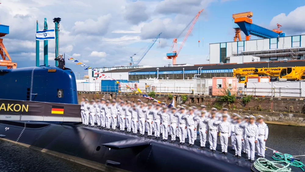 The send-off ceremony for Israel’s sixth submarine, INS Drakon, held at the TKMS shipyard in Kiel, Germany, August 2026. Credit: IDF.