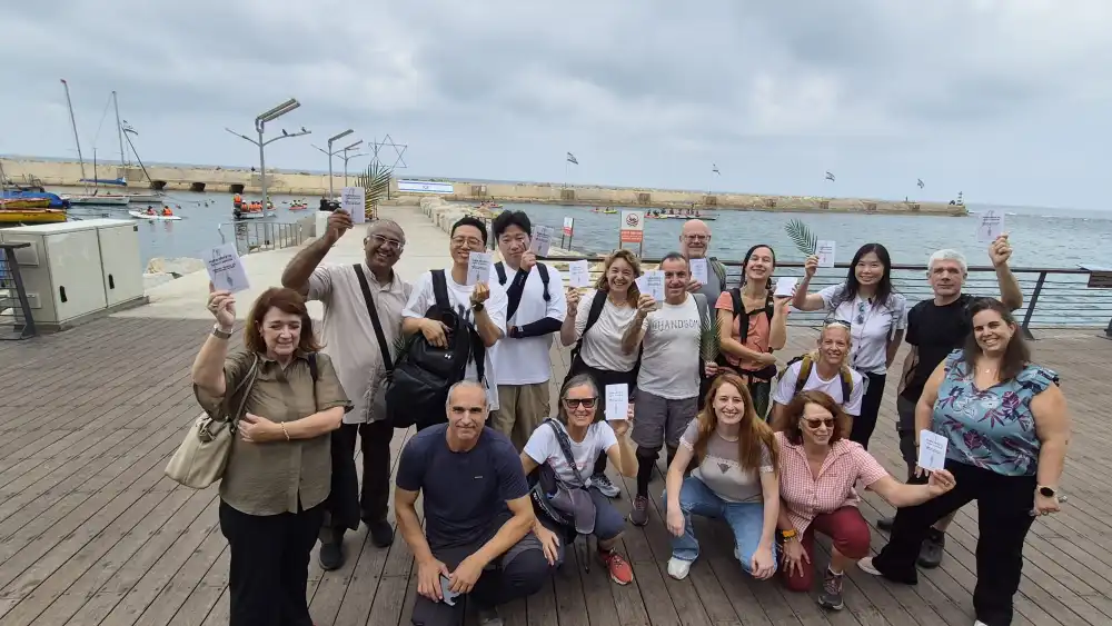 A group of Christian pilgrims from around the world begin a journey to Jerusalem from the Jaffa port on Oct. 25, 2026. Courtesy: Israeli Ministry of Tourism.