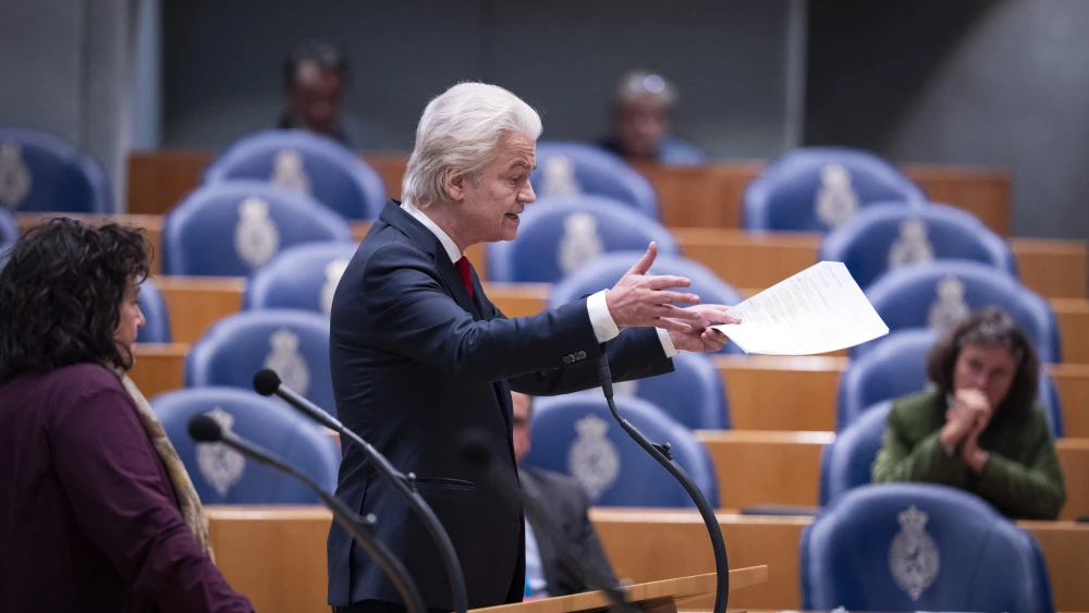 Dutch Freedom Party (PVV) leader Geert Wilders speaks during a debate on the coalition agreement between D66, VVD, and CDA and final report at the House of Representatives in The Hague on February 3, 2026. Photo by Jeroen Jumelet/ANP/AFP via Getty Images.