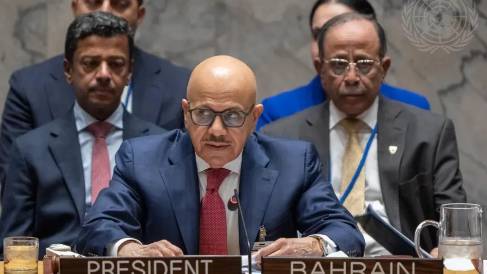 Abdullatif bin Rashid Al Zayani (center), minister for foreign affairs of the Kingdom of Bahrain and president of the U.N. Security Council for the month of April, chairs the Security Council meeting on the situation in the Middle East, at the U.N. Headquarters in New York City, April 7, 2026. Credit: Eskinder Debebe/UN Photo.