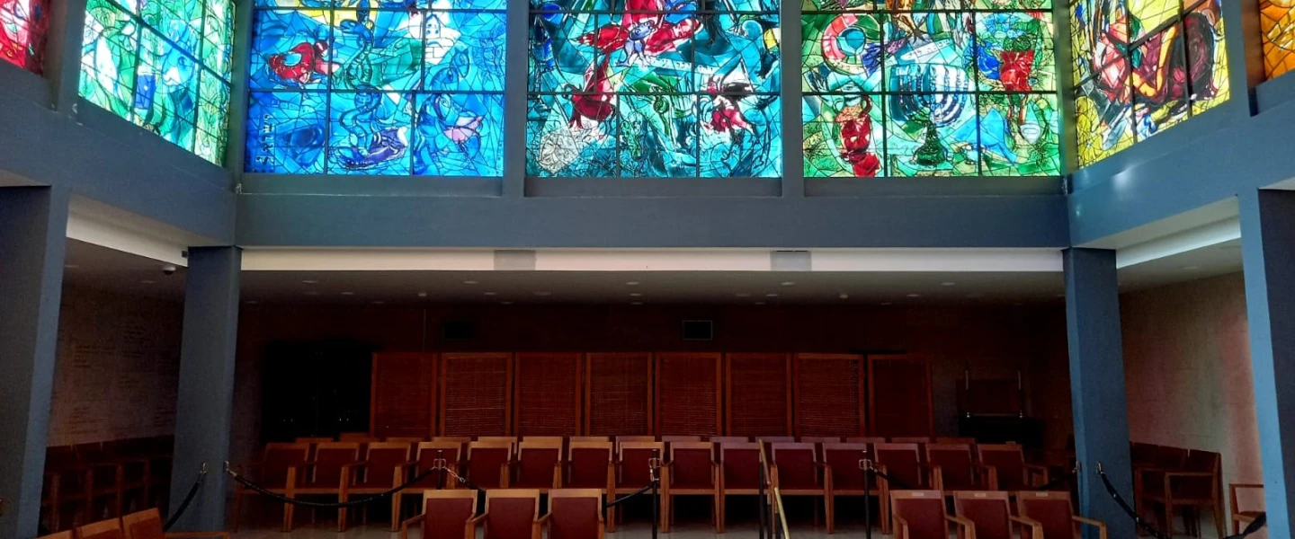 Chagall Windows depicting the tribes of Zebulon to Joseph above the bimah in the Abbell Synagogue. Photo by Ariella Green/all rights reserved to Hadassah.