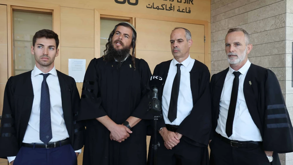 Attorneys of the Honenu legal defense group speak to the media before a court hearing in Lod, July 12, 2023. Photo by Jonathan Shaul/Flash90.