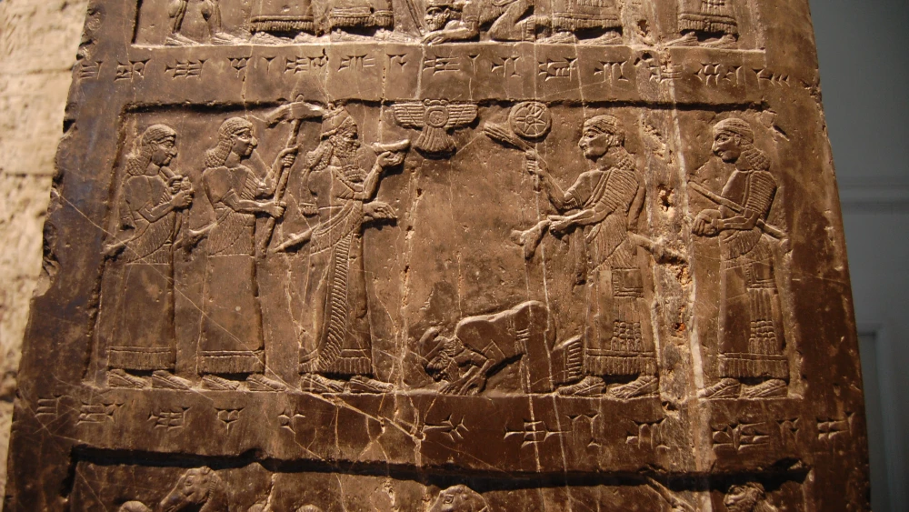 Depiction of Jehu King of Israel giving tribute to King Shalmaneser III of Assyria, on the Black Obelisk of Shalmaneser III from Nimrud, circa 827 BC, in the British Museum, London. Credit: Steven G. Johnson via Wikimedia Commons