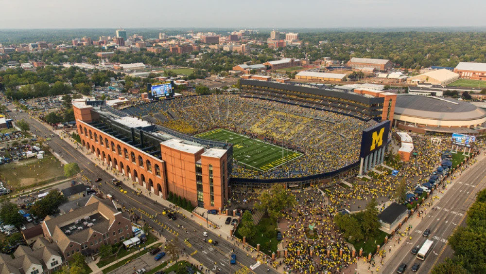 Aerial photo of the University of Michigan campus and football stadium. Credit: University of Michigan.