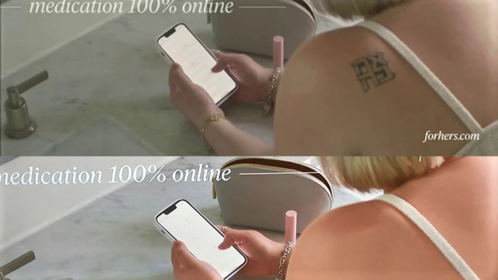 Before and after an advertisement for Hims & Hers Health-care company had been digitally altered to remove a tattoo on a woman's shoulder with the Hebrew word “ahavah,” meaning “love.” Source: Screenshot.
