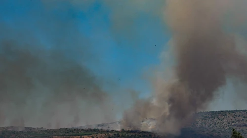 View of a large fire caused by rockets fired from Lebanon, near Ramot Naftali, in the Upper Galilee near the Israeli border with Lebanon, June 1, 2024. Credit: Ayal Margolin/Flash90.