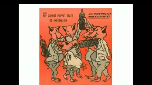 A slide that was part of a presentation at the University of Michigan comparing Prime Minister Benjamin Netanyahu to Hitler, captured by student Alexa Smith. "These images come from the playbook of Hitler and Goebbels," said Smith. "They invoke the most classical––and most genocidal––anti-Semitic conspiracy theories." Credit: Alexa Smith.