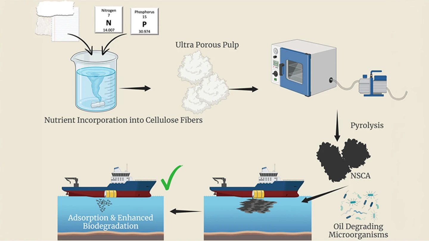 cybersecurity A graphic illustrates how Ben-Gurion University researchers produce a nutrient-enriched cellulose aerogel designed to absorb oil spills and promote their biodegradation by naturally occurring microorganisms. Credit: Ben-Gurion University.