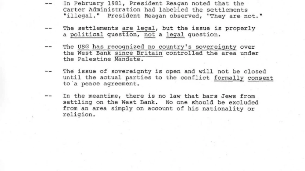 A June 16, 1981 memo written by Douglas Feith on the legality of Israel's West Bank settlements.