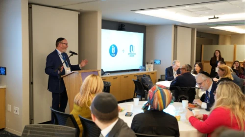 President of the Orthodox Union Mitchel Aeder welcomes the United Synagogue delegation to OU’s new headquarters in downtown Manhattan. Credit: Courtesy.