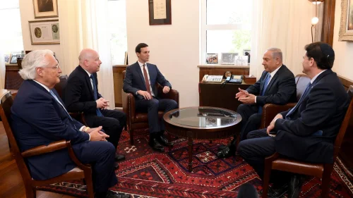 From left: U.S. Ambassador to Israel David Friedman, Special Middle East envoy Jason Greenblatt, White House adviser Jared Kushner, Prime Minister Benjamin Netanyahu and Israeli Ambassador to the U.S. Ron Dermer, meeting in Jerusalem, June 22, 2018. Credit: U.S. Embassy in Israel.