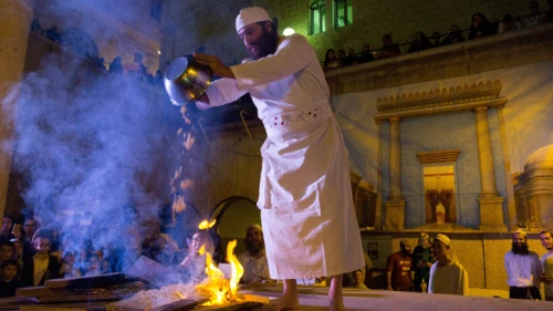 Jewish men take part in a sacrifice procession ('korban' in Hebrew) at the Cardo in the Old City of Jerusalem, March 10, 2016. Photo by Nati Shohat/Flash90.
