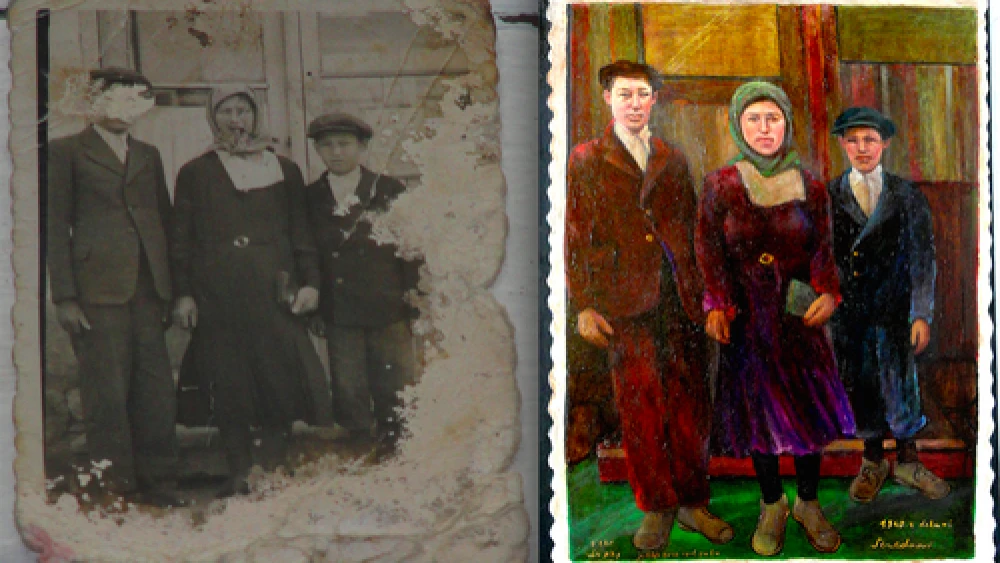Click photo to download. Caption: The face of Herman (at left in both photos), the brother of Nathan Moskowitz's father, was forensically and artistically reconstructed in a family painting (the photo at right) that was entered as evidence in the Oskar Groening trial. Credit: Courtesy Nathan Moskowitz.