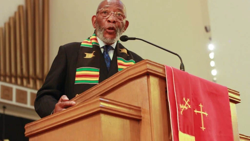 Rev. Amos C. Brown conducts a Sunday service at the Third Baptist Church in San Francisco, California on June 25, 2023. Photo by Romain Fonsegrives/AFP via Getty Images.