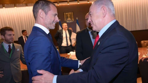 Israeli Prime Minister Benjamin Netanyahu meets in Jerusalem with UEFA President Aleksander Čeferin, Sept. 27, 2023. Photo by Amos Ben-Gershom/GPO.
