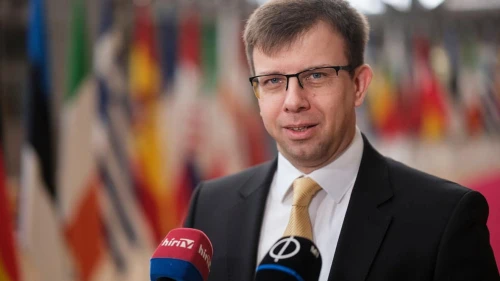 Hungarian Minister for European Union Affairs János Bóka speaks to reporters before an E.U. General Affairs Council meeting in Brussels on Feb. 25, 2025. Photo by Thierry Monasse/Getty Images.