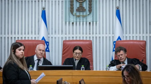 Israeli Supreme Court president Esther Hayut and fellow justices arrive for a court hearing on petitions demanding the annulment of the appointment of Shas leader Aryeh Deri as a government minister, at the Supreme Court in Jerusalem, Jan. 5, 2023. Photo: Yonatan Sindel/Flash90