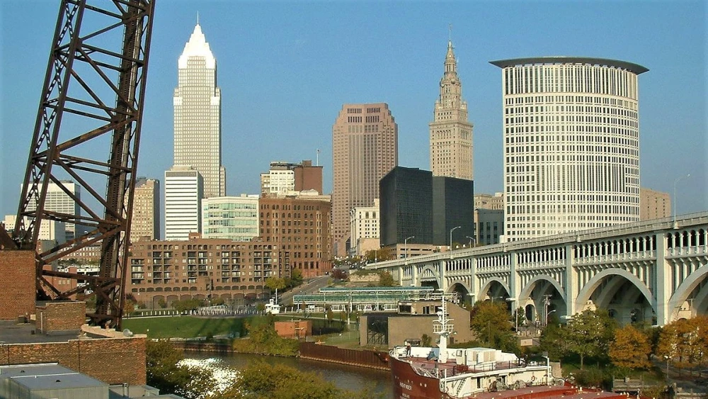View of Downtown Cleveland Skyline, taken from the Superior Viaduct. Credit: Wikimedia Commons.