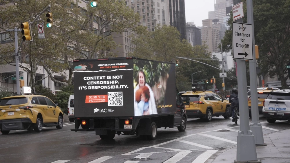 A LED truck from the Israeli-American Council drives near Lincoln Center in New York during the North American premiere of "NAZA" at the New York Film Festival, Sept. 26, 2026. Credit: DADA Studio.