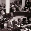 The Knesset plenum at Frumin House in Jerusalem in 1952. From bottom left to right: Haim-Moshe Shapira, Moshe Sharet, David Ben-Gurion and Ze’ev Sherf. Credit: Public Domain via Wikimedia Commons.