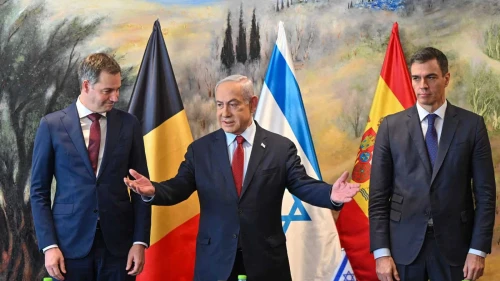 Israeli Prime Minister Benjamin Netanyahu meets in Jerusalem with his Belgian and Spanish counterparts, Alexander De Croo (left) and Pedro Sánchez, Nov. 23, 2023. Photo by Kobi Gideon/GPO.