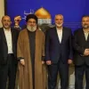 Hezbollah Secretary General Hassan Nasrallah (third from left) meets with a delegation of senior Hamas officials in Beirut, April 6, 2023. Source: Twitter.