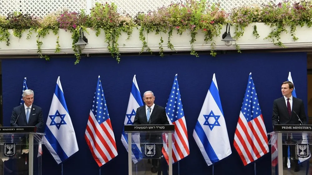 Israeli Prime Minister Benjamin Netanyahu hosts U.S. President Donald Trump senior adviser Jared Kushner and U.S. National Security Adviser Robert O’Brien, for a joint press conference ahead of the first commercial flight between Israel and the United Arab Emirates on August 30, 2020. Photo: Amos Ben-Gershom/GPO.