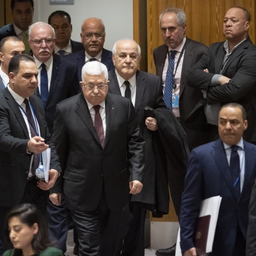 Palestinian Authority leader Mahmoud Abbas enters a U.N. Security Council meeting on the situation in the Middle East, including the Palestinian question, Feb. 2020. Credit: U.N. Photo/Evan Schneider.