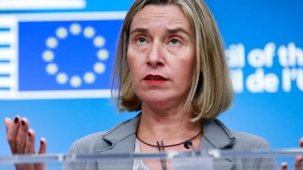 European Union foreign-policy chief Federica Mogherini gives a press briefing on the flare-up in violence between Hamas and Israel. Credit: EPA.