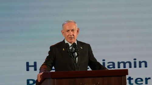 Prime Minister Benjamin Netanyahu addresses an antisemitism conference in Jerusalem on Tuesday. Credit: Amos Ben Gershom/ GPO, May 27, 2025