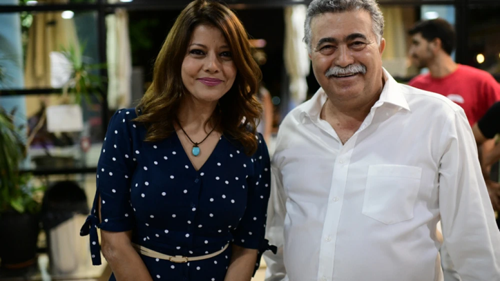 Amir Peretz and Orly Levy-Abekasis at a campaign event in Ramat Gan on Aug. 18, 2019. Photo by Tomer Neuberg/Flash90.