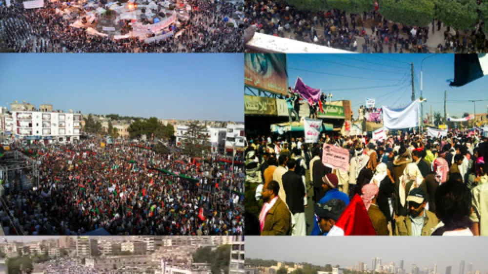 A collage of "Arab Spring" protests. Top right: Tunis, Tunisia. Middle left: Al-Bayda, Libya. Middle-right: San'a, Yemen. Bottom left: Hama, Syria. Bottom right: Karrana, Bahrain. Credit: Wikimedia Commons.