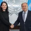 U.N. Secretary-General António Guterres congratulates Annalena Baerbock following her election as president of the 80th session of the U.N. General Assembly on June 2, 2025. Credit: Manuel Elías/U.N. Photo.