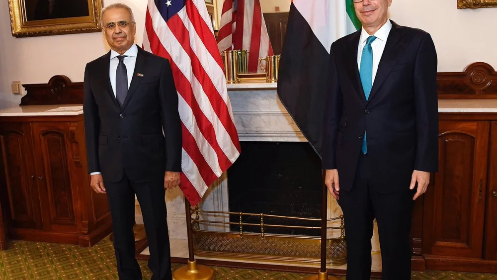 Former U.S. Secretary of Treasury Steven Mnuchin with UAE Minister of State for Financial Affairs Al Tayer. Source: Mnuchin/Twitter.